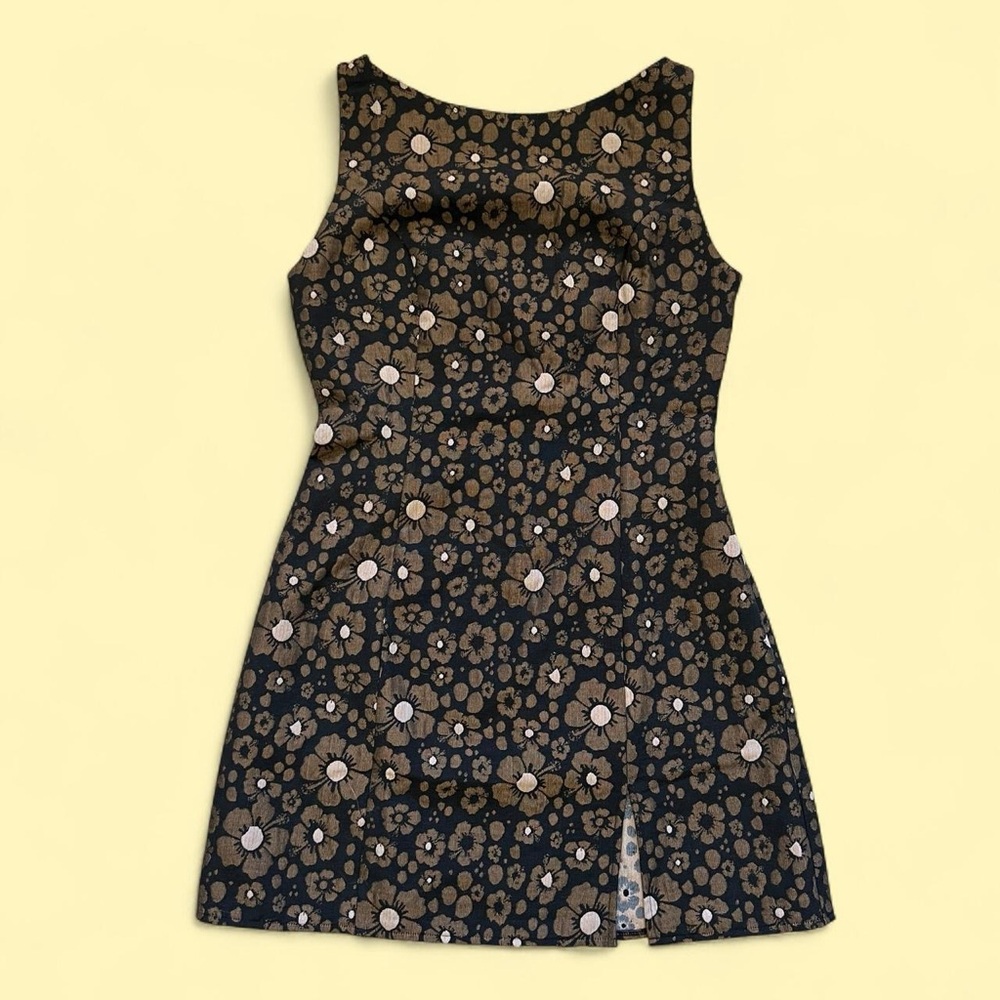 Retro brown floral print pinafore mini dress | holiday leopard hibiscus - small